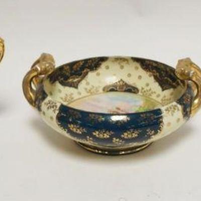 1032	SHELL SHAPED TAZZA & AUSTRIAN DOUBLE HANDLED BOWL W/IMAGES OF WOMAN & WINGED CHERUB DANCING & COBALT DOUBLE HANDLED...