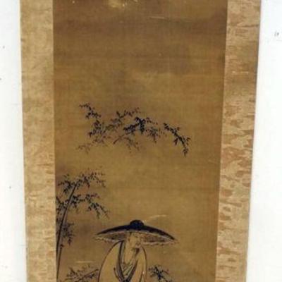 1040	ASIAN SCROLL W/IMAGE OF MAN, CHARACTER MARKS & BONE HANDLE END, APPROXIMATELY 43 IN X 17 IN
