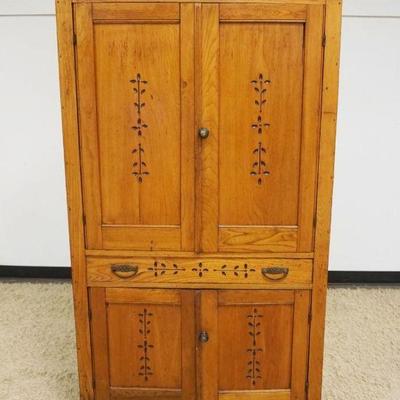 1148	CHESTNUT SPOON CARVED PIE SAFE KITCHEN CABINET, 4 DOOR, ONE DRAWER, APPROXIMATELY 40 IN X 16 IN X 68 IN HIGH
