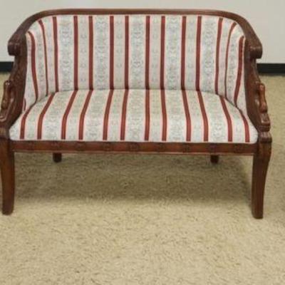 1129	EMPIRE STYLE 3 PIECE UPHOLSTERED PARLOR SET W/CARVED SWAG, INCLUDES 2 ARMCHAIRS & LOVE SEAT, SOME STAINING TO UPHOLSTERY, LOVE...
