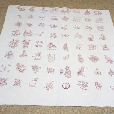 1066	CHILDS HAND STITCHED QUILT W/ANIMALS & IMAGES OF CHILDREN, BIRDS, BASKETS, & NURSERY RHYMES, ETC, APPROXIMATELY 67 IN X 70 IN
