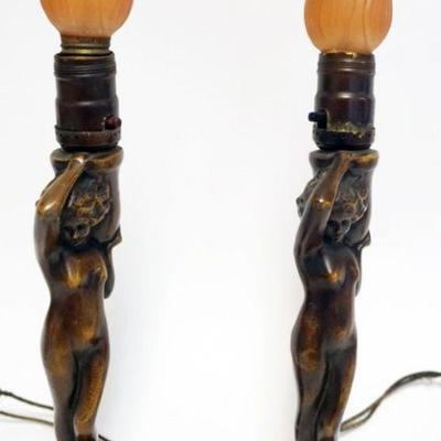 1044	ANTIQUE ART NOUVEAU CAST METAL NUDE LAMPS IN BRONZE FINISH, DATED 1923, EACH APPROXIMATELY 15 IN HIGH
