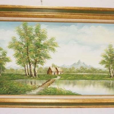 1077	OIL PAINTING ON CANVAS LANDSCAPE, ARTIST SIGNED, APPROXIMATELY 33 IN X 56 IN OVERALL
