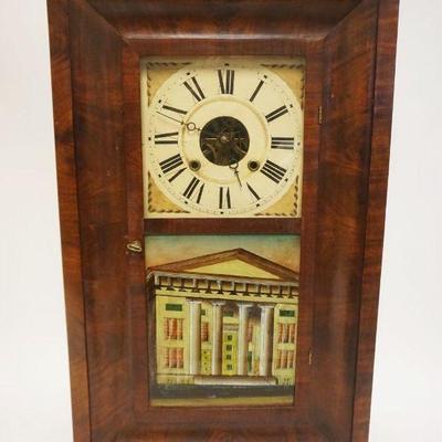1101	ANTIQUE SHELF CLOCK WILLIAMS S JOHNSON W/REVERSE PAINTED GLASS, APPROXIMATELY 5 IN X 16 IN X 26 IN HIGH
