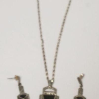 1181	STERLING SILVER MARCASITE AND ONYX NECKLACE AND EARRING SET, 6.3 TOZ INCLUDING STONES
