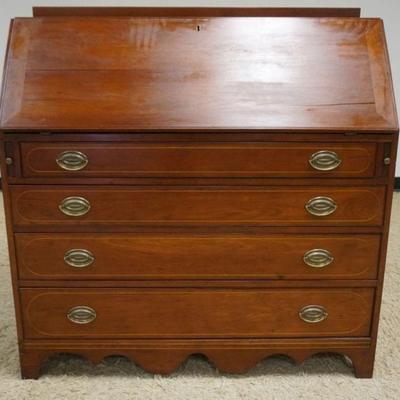1143	ANTIQUE CHERRY DOVETAILED SLANT FRONT DESK W/OVAL PENCIL INLAY DRAWER FRONTS, 4 DRAWER, APPROXIMATELY 44 IN X 20 IN X 45 IN HIGH
