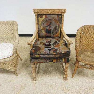 1161	CARVED OAK ARMCHAIR & 2 WICKER ARMCHAIRS
