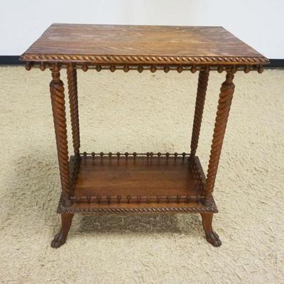 1151	OAK LAMP/OCCASIONAL TABLE W/PAW FOOT, BARLEY TWIST TURNED LEGS & STICK & BALL TRIM, APPROXIMATELY 27 IN X 18 IN X 30 IN HIGH
