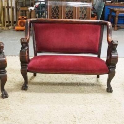 1123	3 PIECE EMPIRE MAHOGANY PARLOR SET W/MASSIVE CARVED HEADS & PAW FEET, ARMCHAIR, ROCKING CHAIR & SETTEE, APPROXIMATELY 52 IN...