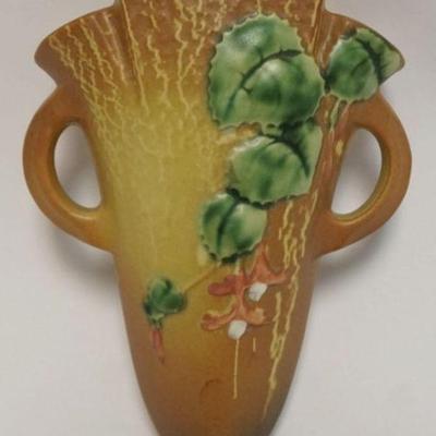 1001	ROSEVILLE POTTERY WALL POCKET, BROWN FUCHSIA, APPROXIMATELY 8 1/2 IN HIGH
