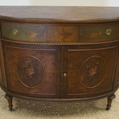 1139	PAINT DECORATED DEMILUNE CHEST W/ONE DRAWER OVER 2 DOORS, APPROXIMATELY 50 IN X 22 IN X 36 IN HIGH
