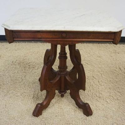 1157	VICTORIAN WALNUT MARBLE TOP TABLE, APPROXIMATELY 27 IN X 20 IN X 29 IN HIGH
