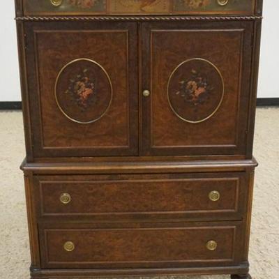 1140	BERKEY & GAY MAHOGANY BATCHELORS CHEST, PAINT DECORATED W/3 DRAWERS, 2 DOORS CONCEALING 3 INTERIOR DRAWERS, BURL WOOD DRAWER...