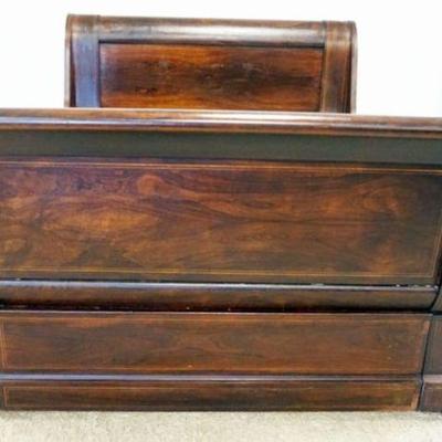 1127	ANTIQUE MAHOGANY SLEIGH BED W/PENCIL INLAID TRIM, APPROXIMATELY 65 IN X 90 IN X 41 IN HIGH
