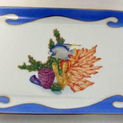 1024A	HAND PAINTED HEREND PORCELAIN OVAL TRAY FOR SCULLY & SCULLY, APPROXIMATELY 14 1/2 IN X 6 IN
