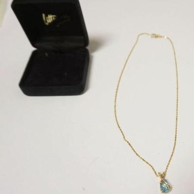 1171	14K AQUAMARINE NECKLACE, MARKED 14K M/P, 3.89 DWT INCLUDING STONE, NECKLACE APPROXIMATELY 17 IN L, STONE MEASURES APPROXIMATELY 1/2...