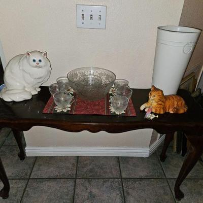 Ceramic Cat, Mahogany console table, Crystal Punch Bowl