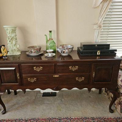 Ethan Allen Buffet and Famille Rose Dishes
