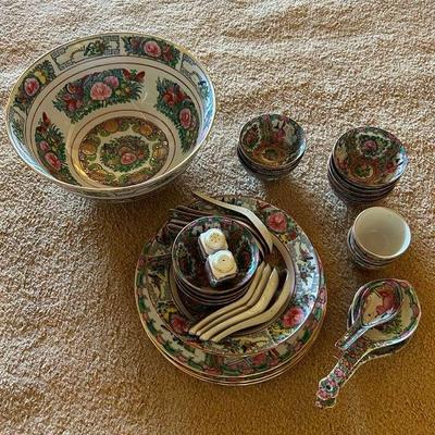 RSN043- Vintage Chinese Famile Rose Medallion Porcelain Bowls, Plate, Spoons, Tea Cups