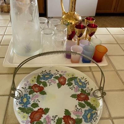 RSN164 - Vintage Decanter, Pitcher, Glasses, & Serving Platters 
