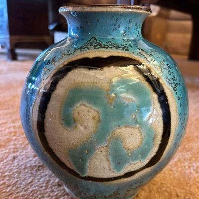 RSN013- Beautiful Vintage Hand Thrown Turquoise Pottery Vase