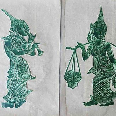 RSN066 - Pair of Thai Style Rubbings in Green Pigment 