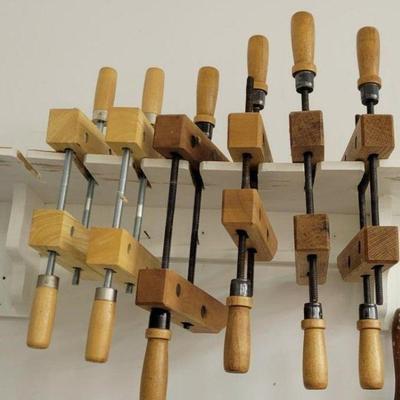 Lot # : 23 - Wooden Clamps 
All are craftsman in pairs. See photos for further details. DOES NOT include anything pictured in background...