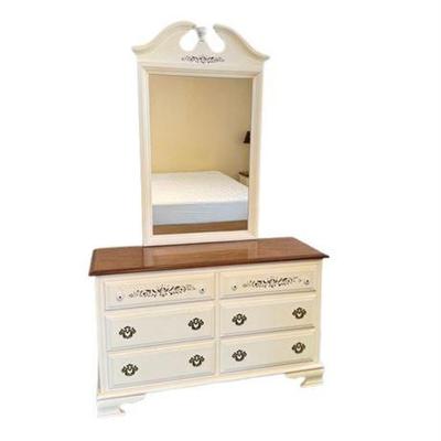 Lot 230   
Bassett Furniture Six Drawer Stenciled Cream Dresser & Attached Matching Mirror