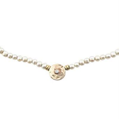 Lot 003   
Cultured Pearl, Diamond, 14K, and Sterling Silver Necklace