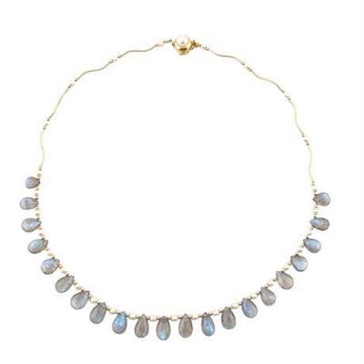 Lot 004   
Labradorite, 5 mm Pearl, and 14K Gold Bib Necklace