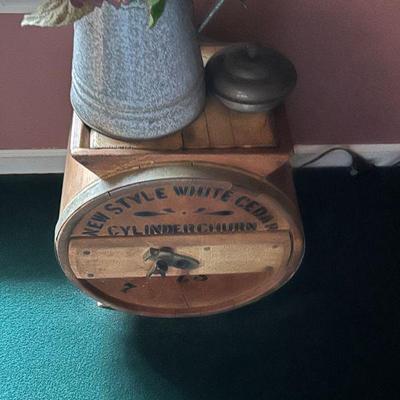 Antique White Cedar Cylinder Churn