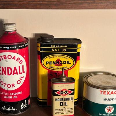 Kendall Outboard Motor Oil | Pennzoil Outboard Oil Quart | Diamond D-X Household Oil | Texaco Marfak O Grease Can 