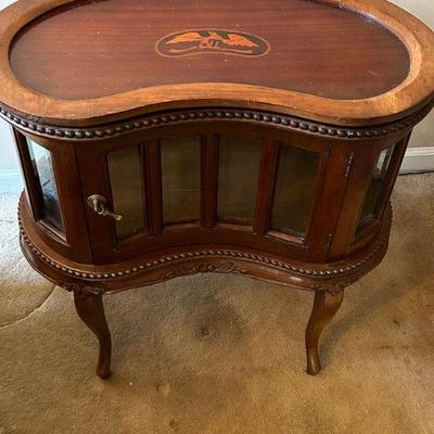 Antique Kidney Shaped Chocolate Table w/ Removable Serving Tray, Wood and Glass Storage area w/ light. 