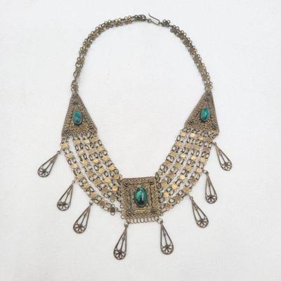 Vintage Yemenite-style Israel 925 Goldwashed Eilat Stone Necklace