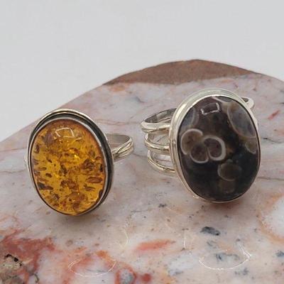 Sterling Rings Amber, Jasper 10.2gr