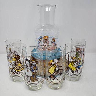 1980's Holly Hobbie Carafe & Happy Talk Glass Tumblers Coca Cola