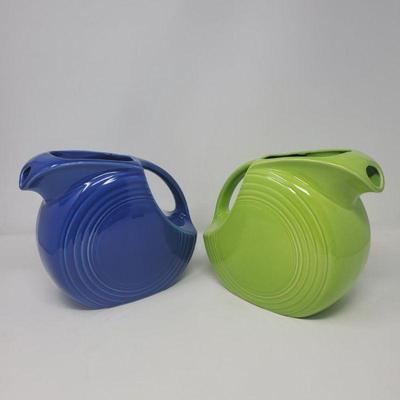 Two Fiesta Disk Pitchers Sapphire Blue & Meadow Green