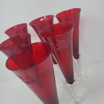 Six Lenox 11" Ruby Crystal Champagne Flutes (#2)