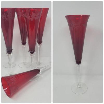 Six Lenox 11" Ruby Crystal Champagne Flutes (#1)