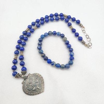 Blue Lapis Bead Necklace & Stretch Bracelet