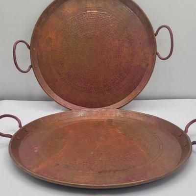 Two ELG Round Copper Platters With Handles
