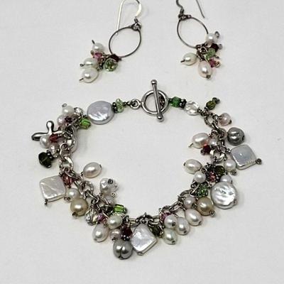 925 Genuine Pearl & Gemstone Bracelet & Earring