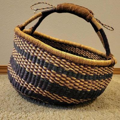 Hand Woven Ghana Bolga Market Basket, Leather Wrapped Handle