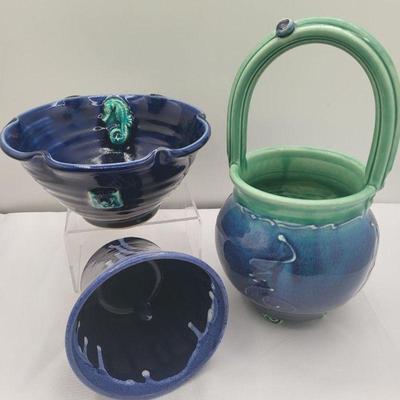 Hand Turned Blue Glazed Pottery - Basket, Bowl & Planter