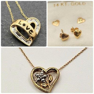 10k Heart Diamond Accents Necklaces & 14k Gold Stud Earrings 3gr