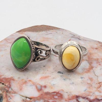 Green Turquoise & Natural Butterscotch Amber Rings Sterling 13.3gr