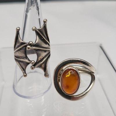 Sterling Rings - Amber, Bat Wings 18.5gr