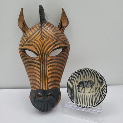 Soapstone Etched Zebra Trinket Dish & Wood Zebra Mask Wall Hanger