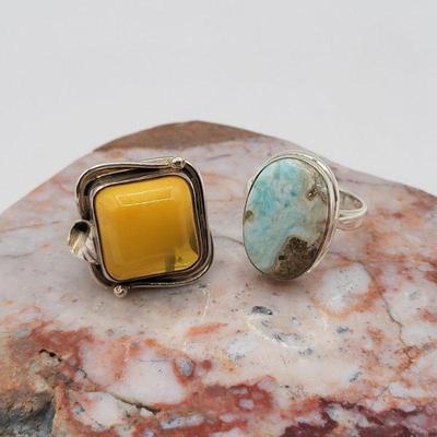 Square Amber & Oval Larimar Stone 925 Rings 14.1gr