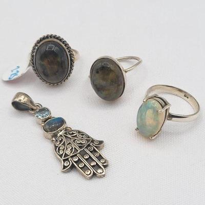 Labradorite, Opal Rings And Hamsa Pendant Labradorite & Topaz 925